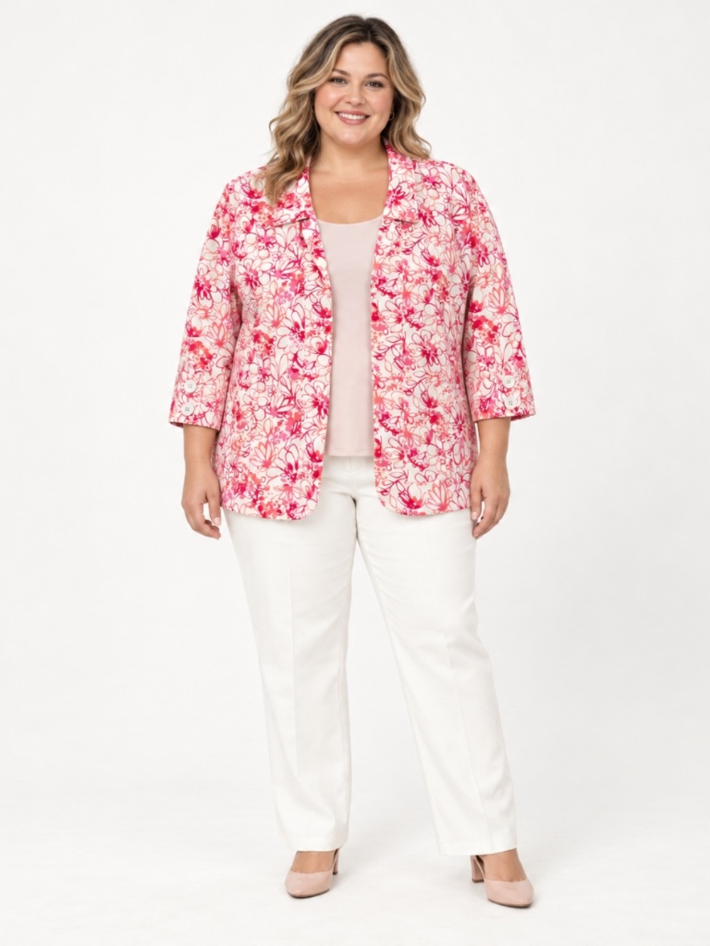 Kim Rogers Woman 2X Pink Floral Linen Blazer 3/4 Sleeve Jacket